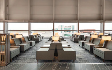Seating area in Plaza Premium Lounge, Terminal 1, Leonardo da Vinci-Fiumicino Airport.