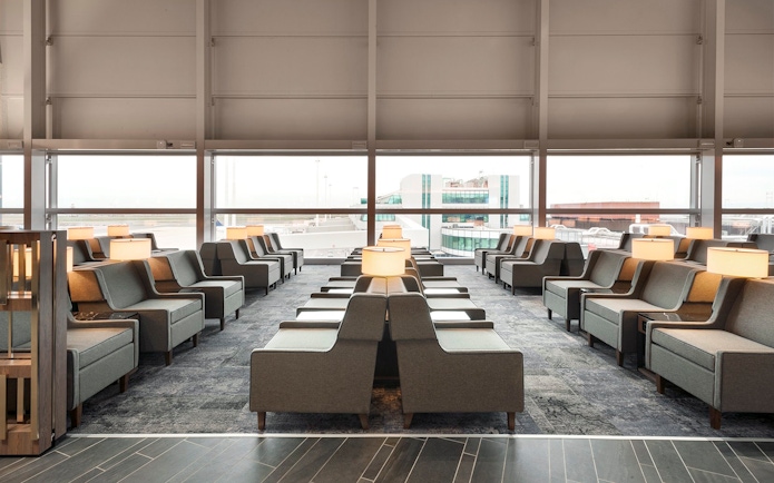 Seating area in Plaza Premium Lounge, Terminal 1, Leonardo da Vinci-Fiumicino Airport.