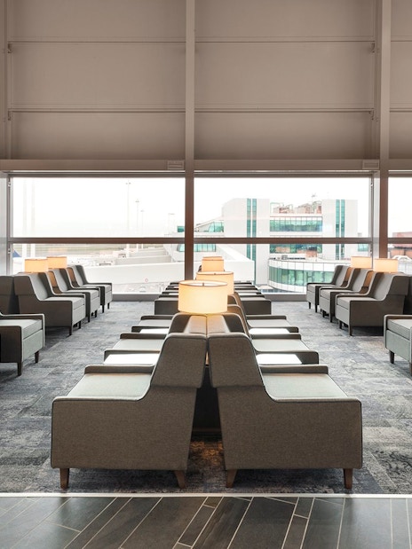 Seating area in Plaza Premium Lounge, Terminal 1, Leonardo da Vinci-Fiumicino Airport.
