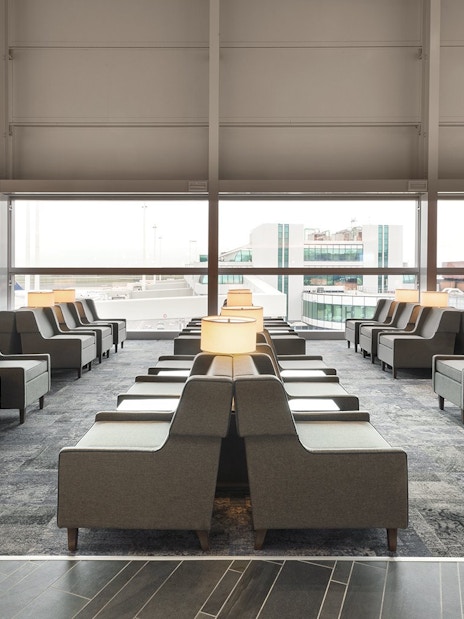 Seating area in Plaza Premium Lounge, Terminal 1, Leonardo da Vinci-Fiumicino Airport.