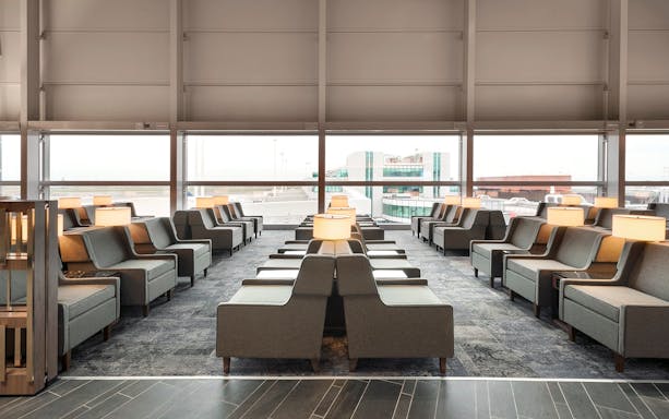 Seating area in Plaza Premium Lounge, Terminal 1, Leonardo da Vinci-Fiumicino Airport.