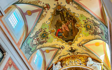 Ceiling fresco and sculptures inside St. George's Castle Church tower, Lisbon.