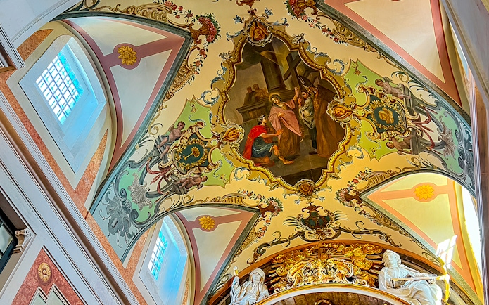 Ceiling fresco and sculptures inside St. George's Castle Church tower, Lisbon.