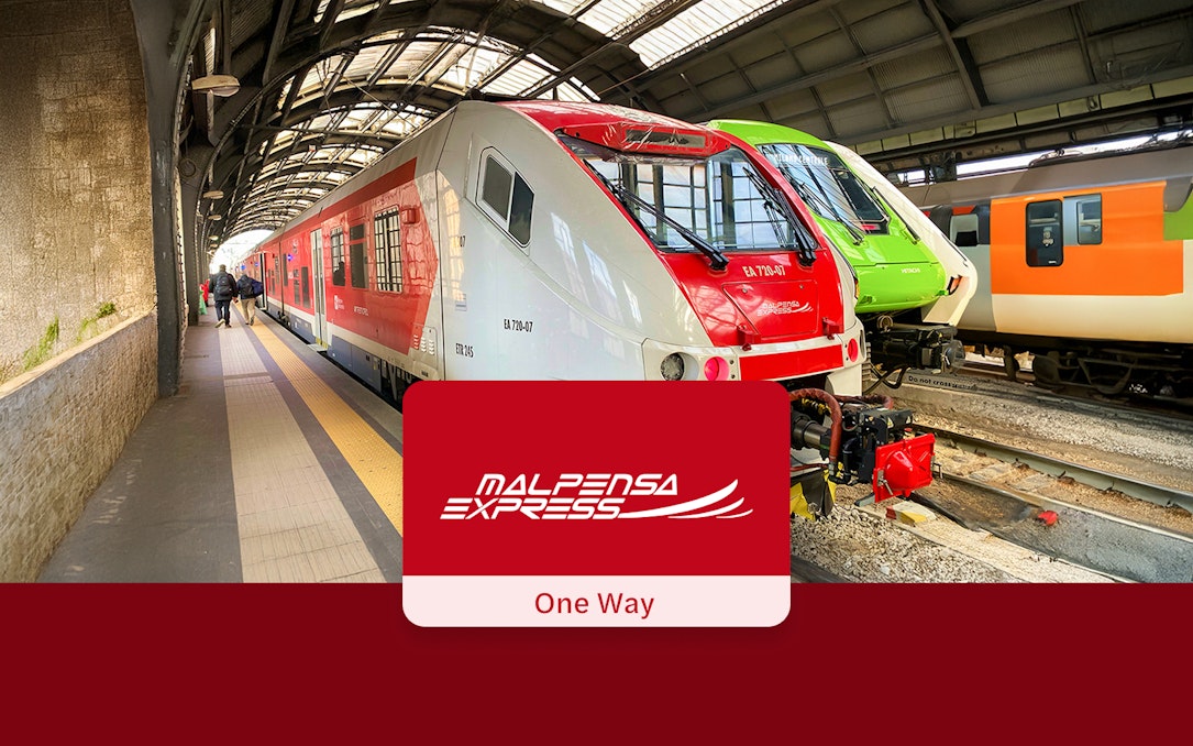 Malpensa Express train at a station platform in Italy.