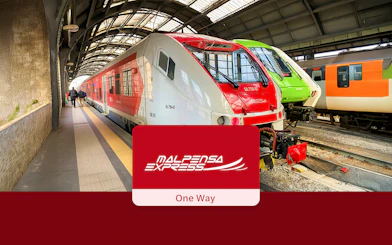 Malpensa Express train at a station platform in Italy.
