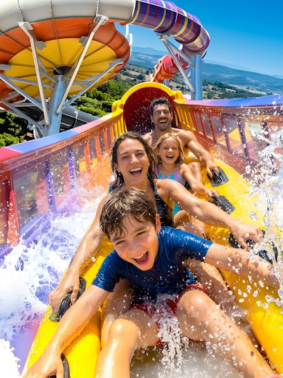 Family enjoying a water slide at Aquopolis Villanueva de la Cañada.