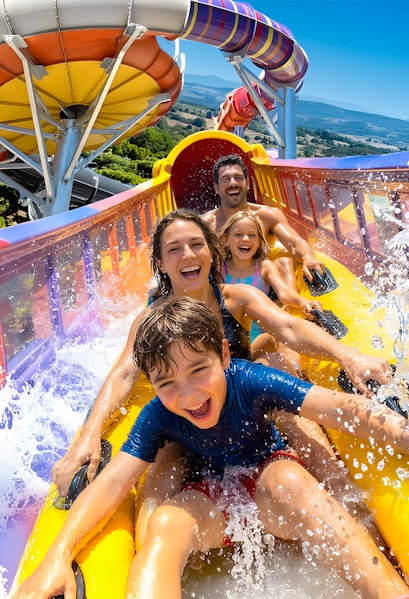 Family enjoying a water slide at Aquopolis Villanueva de la Cañada.