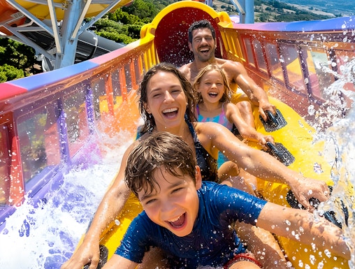 Family enjoying a water slide at Aquopolis Villanueva de la Cañada.
