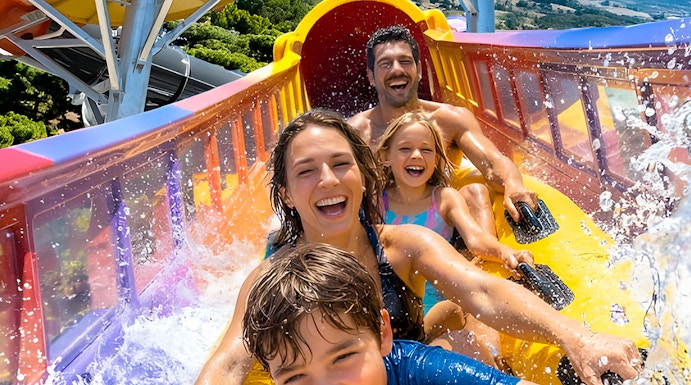 Family enjoying a water slide at Aquopolis Villanueva de la Cañada.