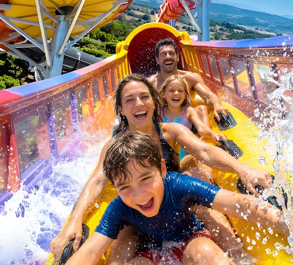 Family enjoying a water slide at Aquopolis Villanueva de la Cañada.