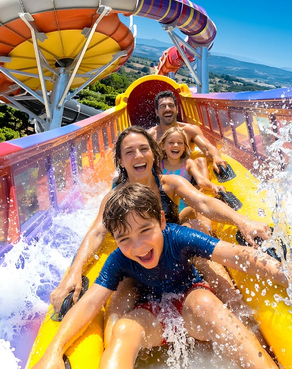 Family enjoying a water slide at Aquopolis Villanueva de la Cañada.
