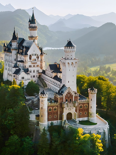 Aerial view of Neuschwanstein Castle surrounded by lush green forests and mountains.