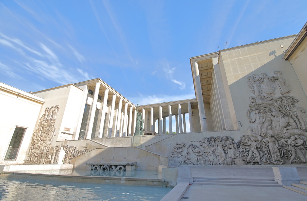 Museum of Modern Art Paris exterior with visitors in front, showcasing the building's architectural design.