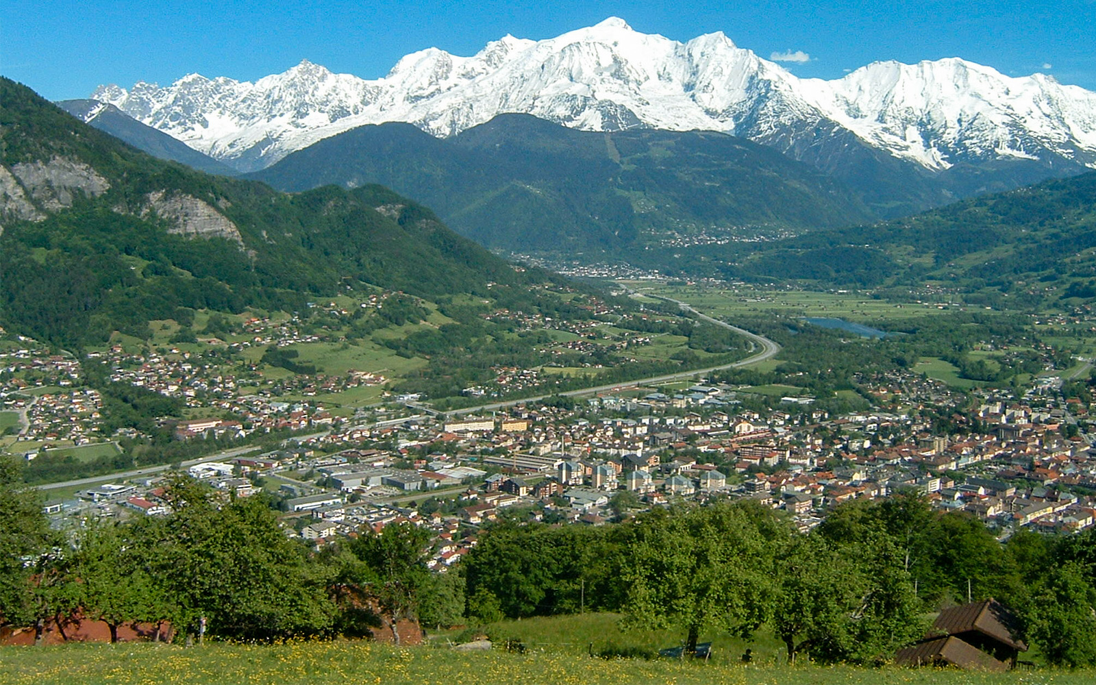 Sallanches town with Mont Blanc in the background, view from Geneva Airport route.