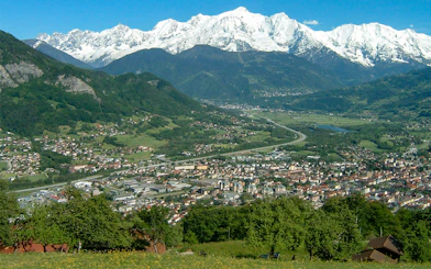 Sallanches town with Mont Blanc in the background, view from Geneva Airport route.