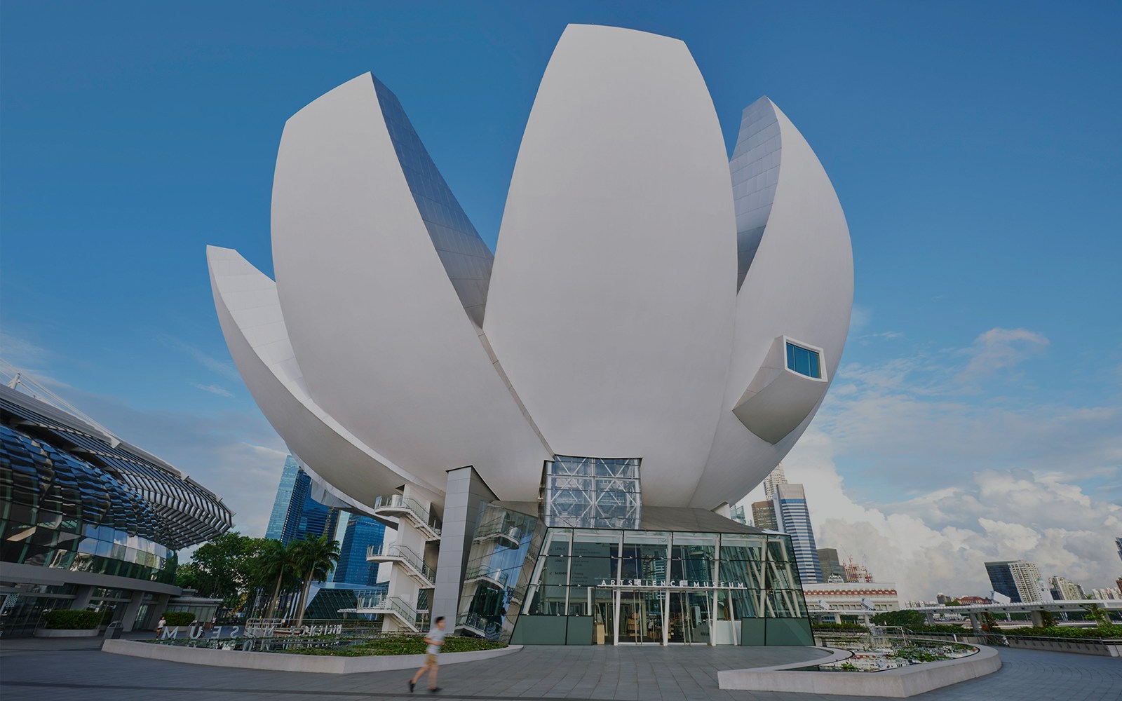 ArtScience Museum Singapore exterior with lotus-inspired architecture and city skyline.