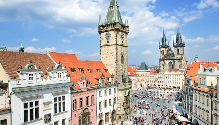 Prague Astronomical Tower, aerial view of crowd during weekends
