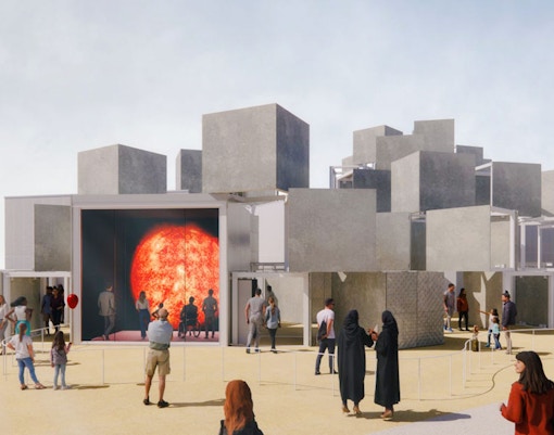 Visitors at Expo 2025 Osaka viewing a large sun display in a modern architectural setting.