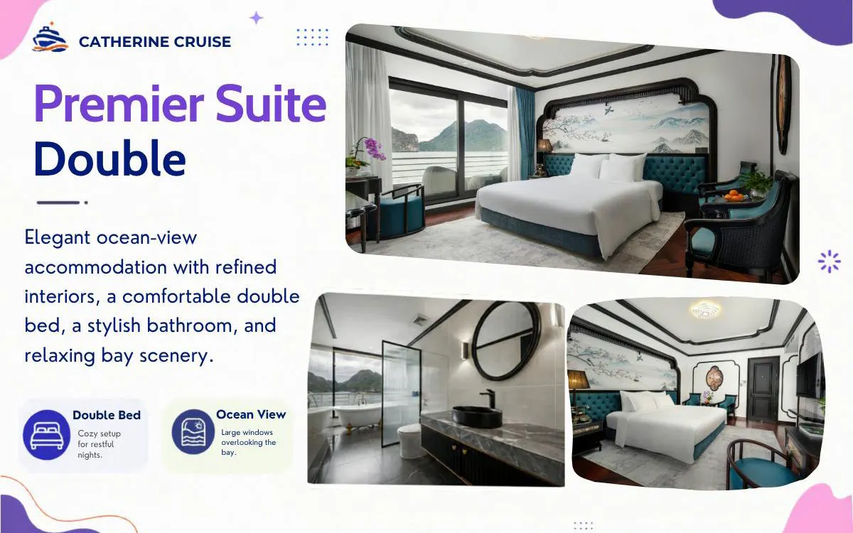 Premier suite with ocean view, double bed, and elegant bathroom on Ha Long Bay luxury cruise.