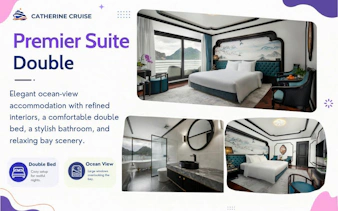 Premier suite with ocean view, double bed, and elegant bathroom on Ha Long Bay luxury cruise.