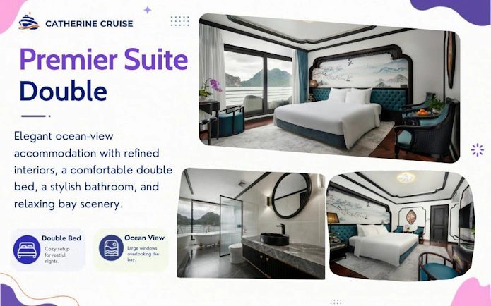 Premier suite with ocean view, double bed, and elegant bathroom on Ha Long Bay luxury cruise.