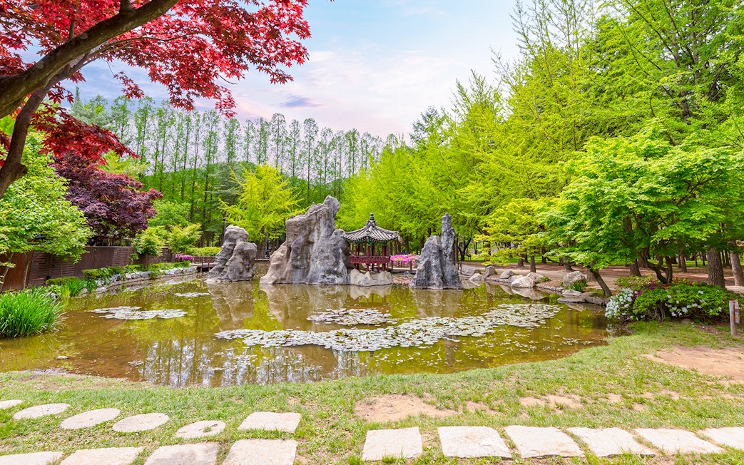 Cenic pond with rock features and Korean gazebo surrounded by spring trees on Nami Island.