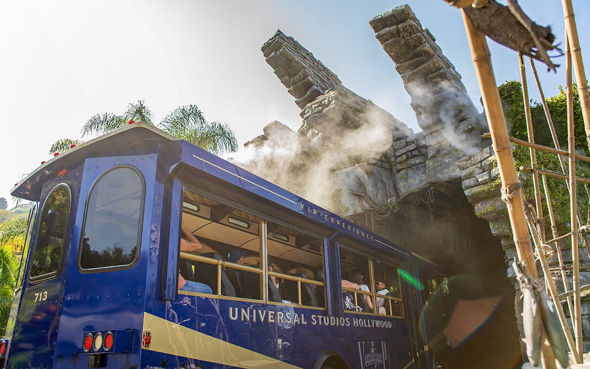 Universal Studios Hollywood tour tram entering King Kong 360 3D attraction.