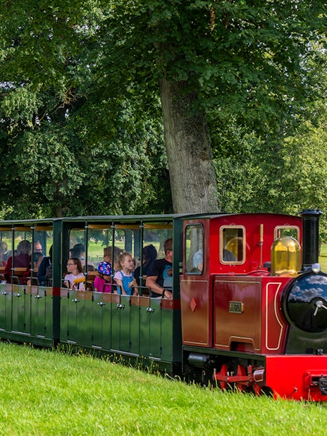 Toy train ride at Blenheim Palace with passengers enjoying the scenic park view.
