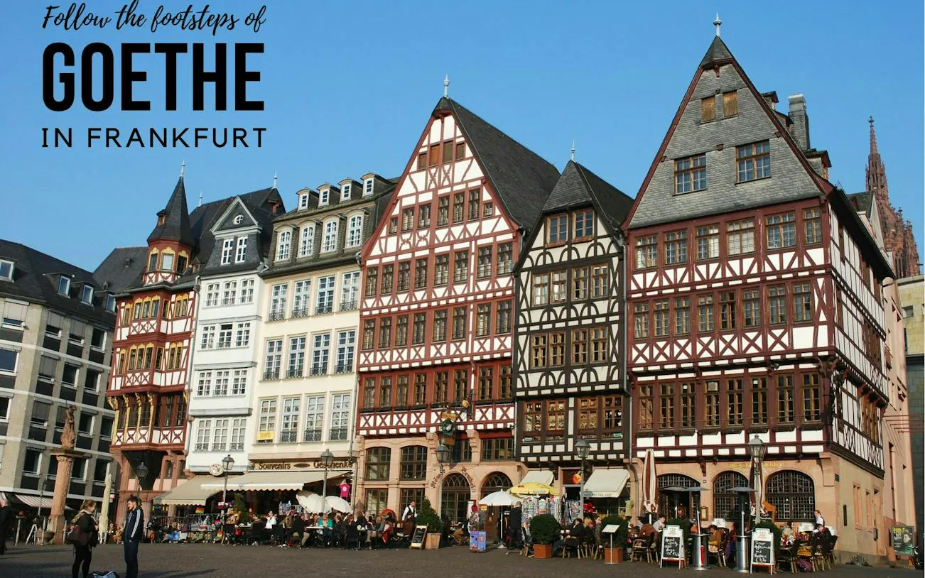 Timber-framed buildings in Römer Square, Frankfurt, part of Goethe-themed city exploration game.