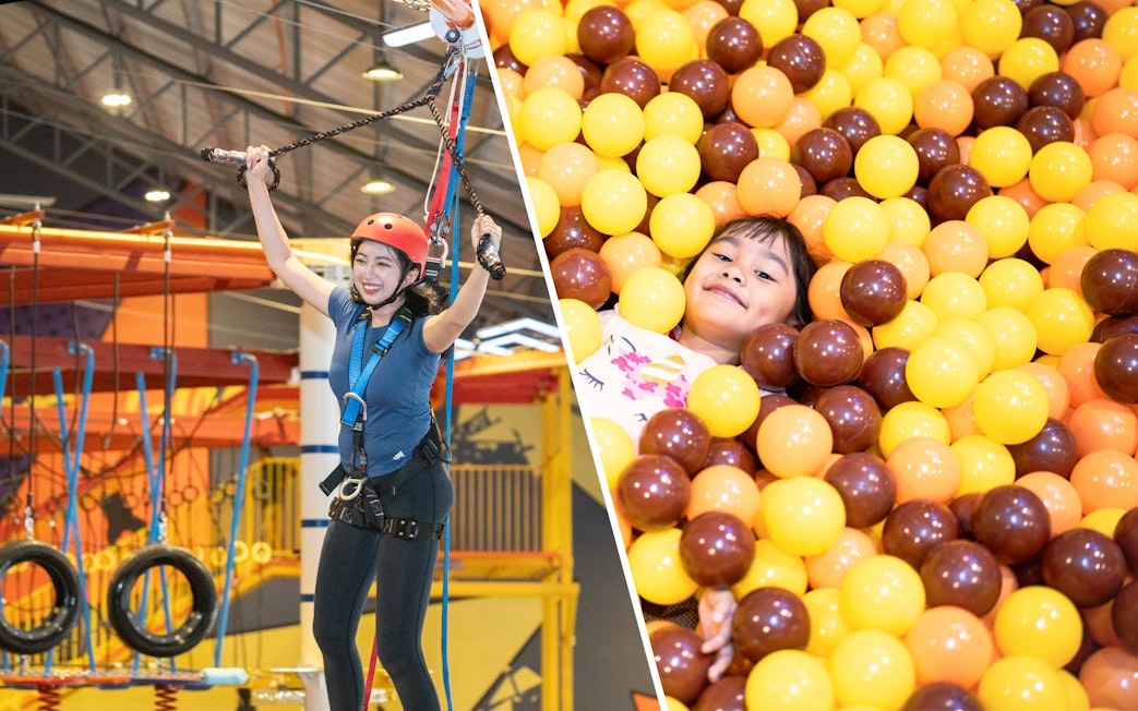 Woman on adventure course and child playing in ball pit.