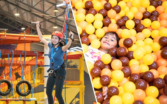 Woman on adventure course and child playing in ball pit.