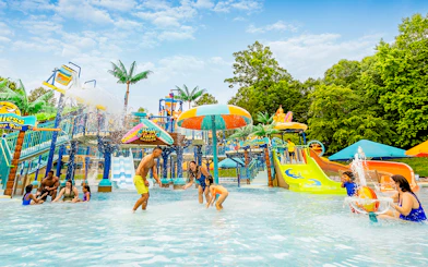 Families enjoying the water play area at Busch Gardens Williamsburg.