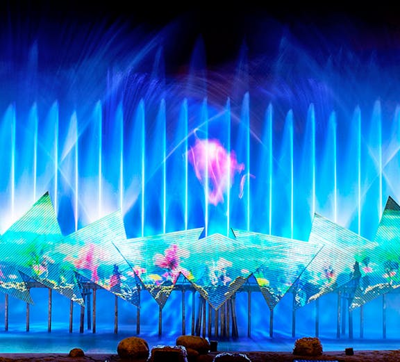 Colorful light and water show at Mount Faber Leisure Attractions, Singapore.
