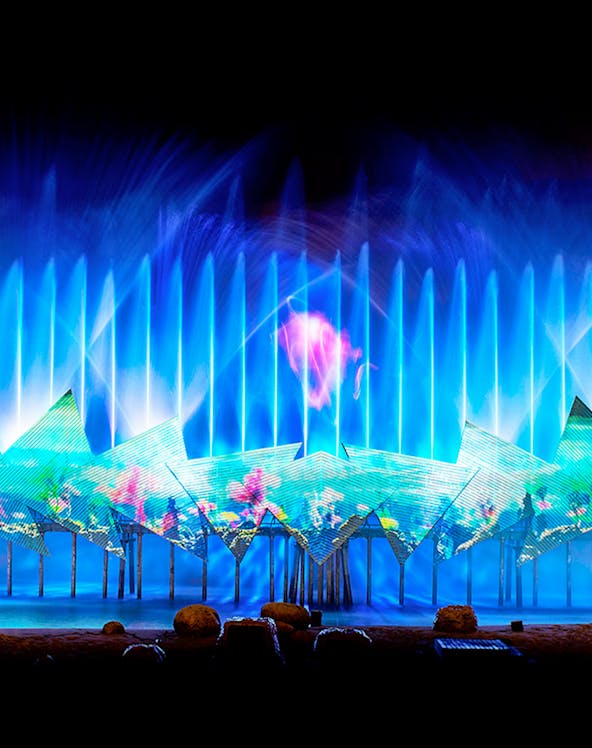 Colorful light and water show at Mount Faber Leisure Attractions, Singapore.