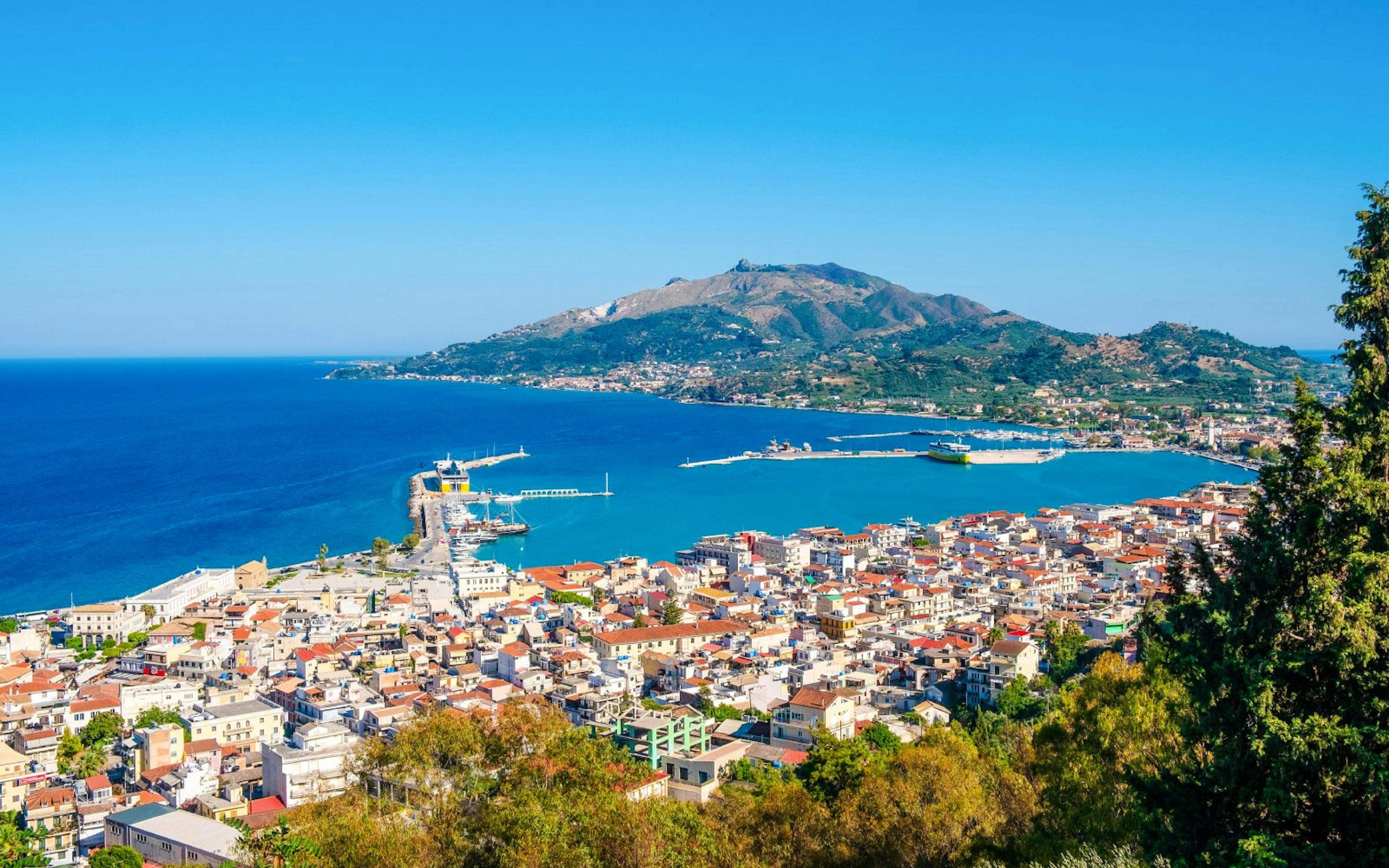 Bochali viewpoint overlooking Zante town and harbor, Zakynthos, Greece.