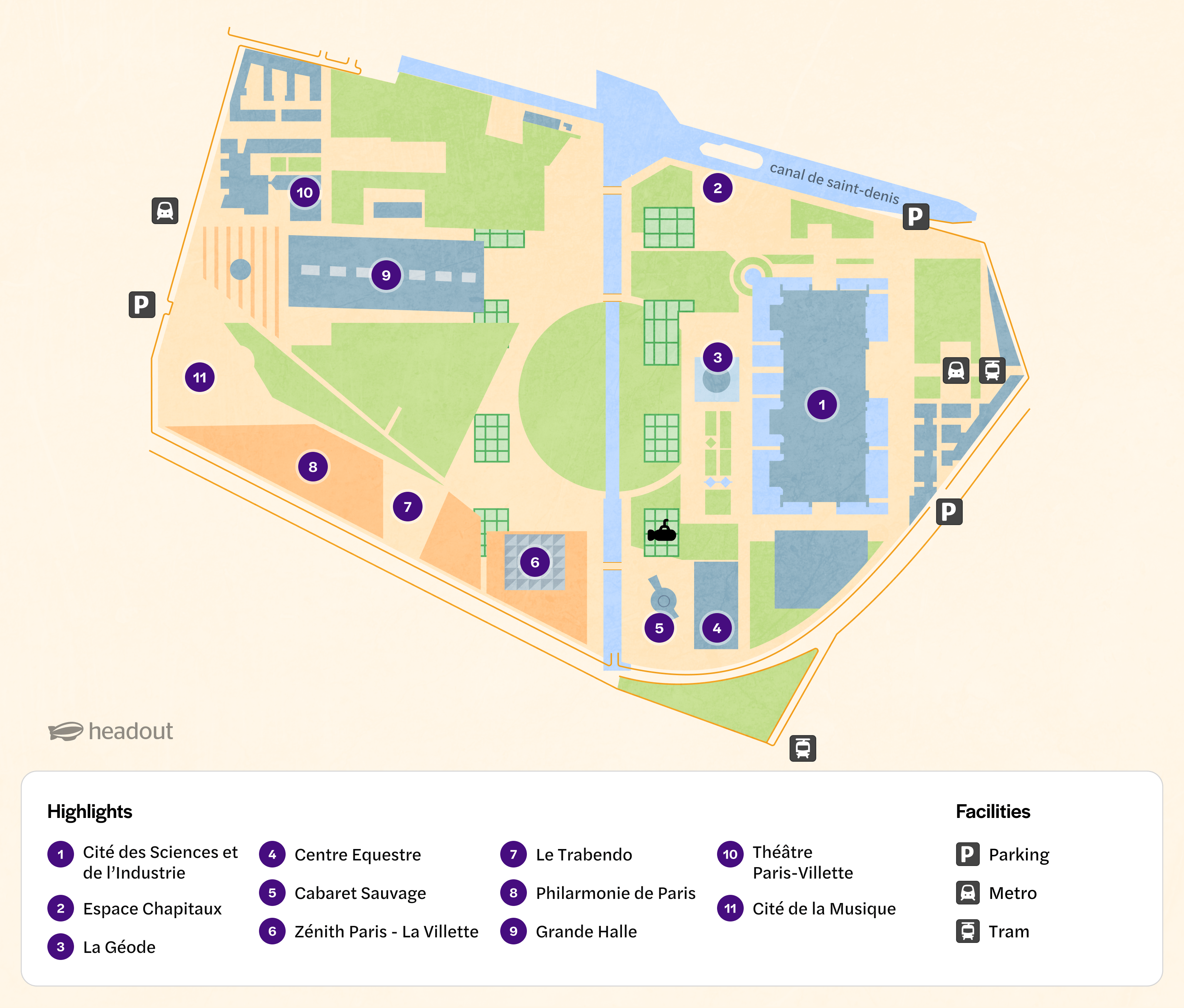 Science & Industry Museum map highlighting Cité des Sciences, La Géode, and Philharmonie de Paris.