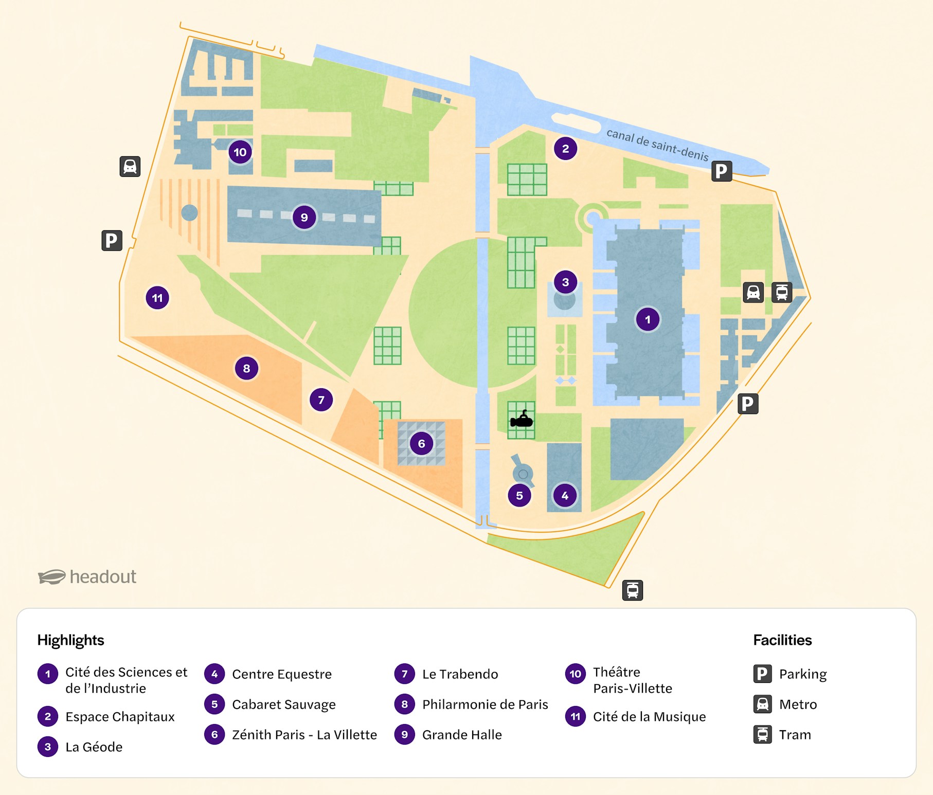 Science & Industry Museum map highlighting Cité des Sciences, La Géode, and Philharmonie de Paris.