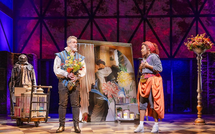 Actors in period costumes on stage during a scene from "& Juliet" musical.