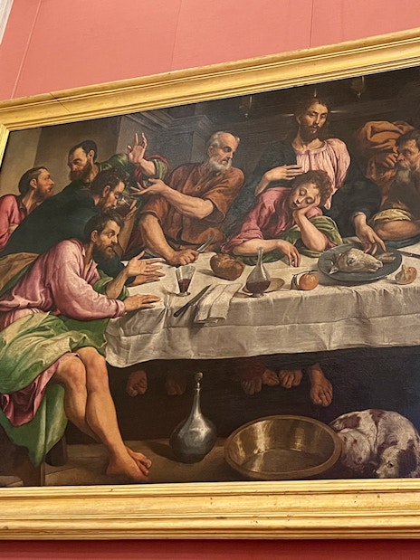 Jacopo Bassano's Last Supper painting at Borghese Gallery, Rome, depicting apostles around a table.