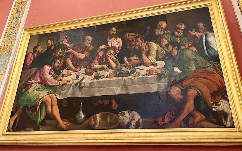 Jacopo Bassano's Last Supper painting at Borghese Gallery, Rome, depicting apostles around a table.