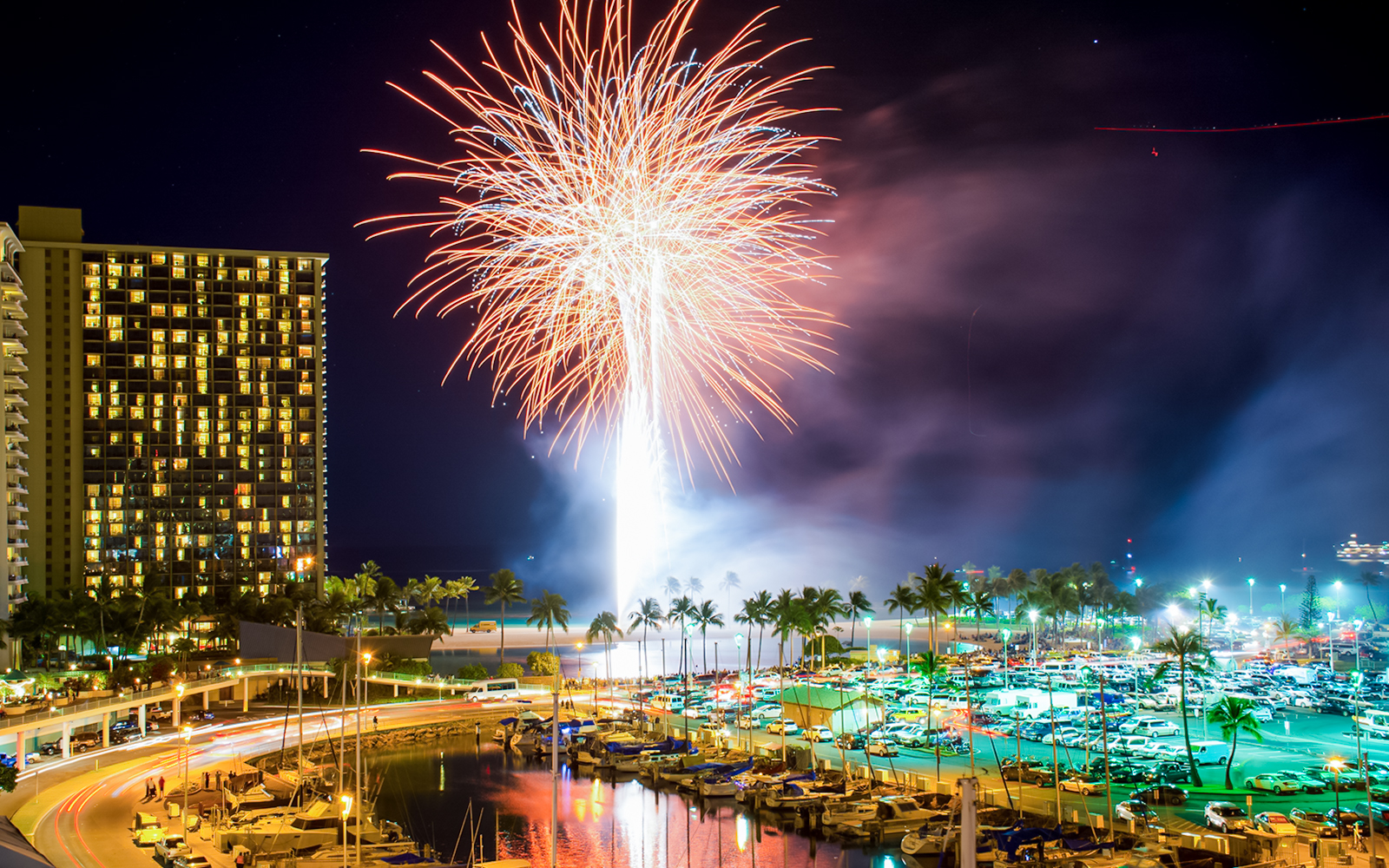 Fireworks over Ala Wai Boat Harbor in Waikiki, Honolulu, Oahu, Hawaii.