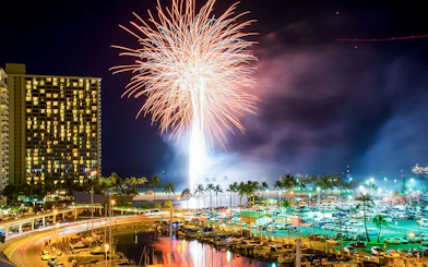 Fireworks over Ala Wai Boat Harbor in Waikiki, Honolulu, Oahu, Hawaii.