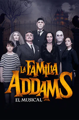La Familia Addams el Musical cast in front of a spooky mansion backdrop
