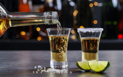 Tequila being poured into a shot glass on a bar counter with lime wedges.