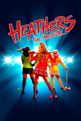 Three characters from Heathers: The Musical stand with croquet mallets under stage lights.