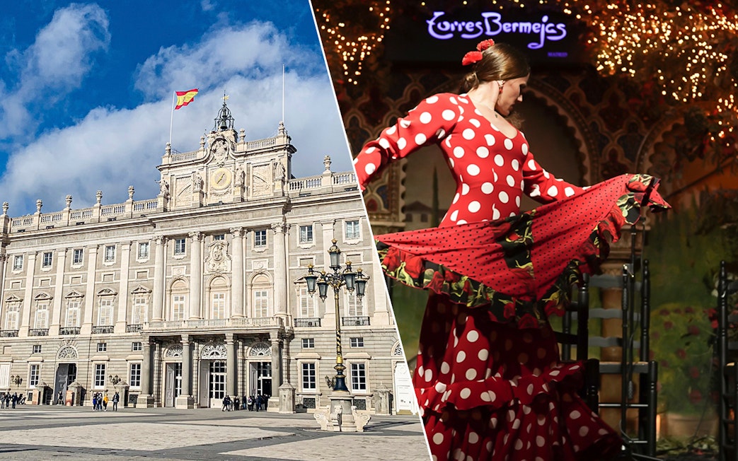 Royal Palace of Madrid and flamenco dancer in red dress.