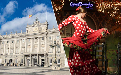 Royal Palace of Madrid and flamenco dancer in red dress.