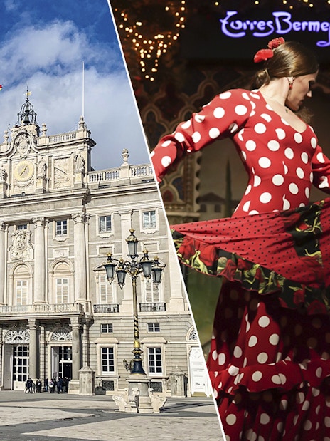 Royal Palace of Madrid and flamenco dancer in red dress.