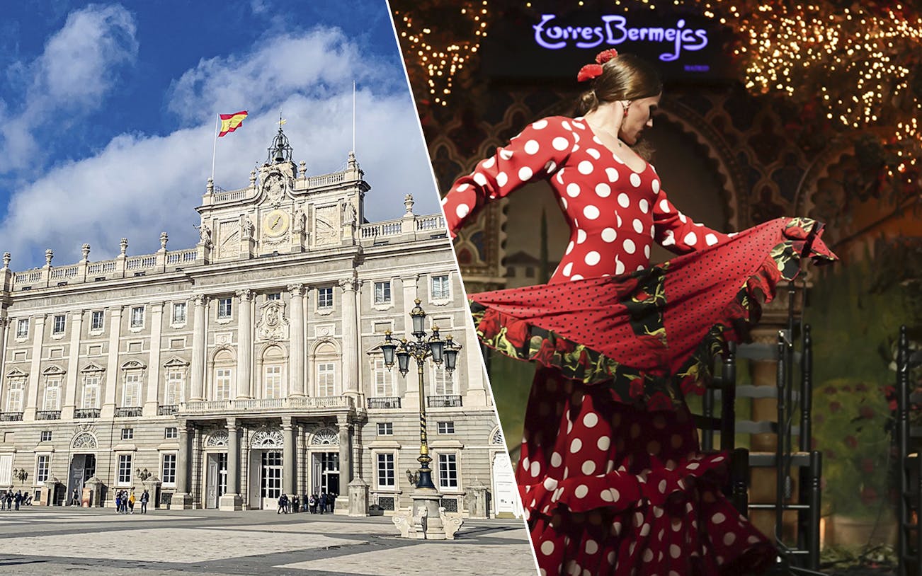 Royal Palace of Madrid and flamenco dancer in red dress.