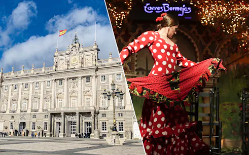 Royal Palace of Madrid and flamenco dancer in red dress.